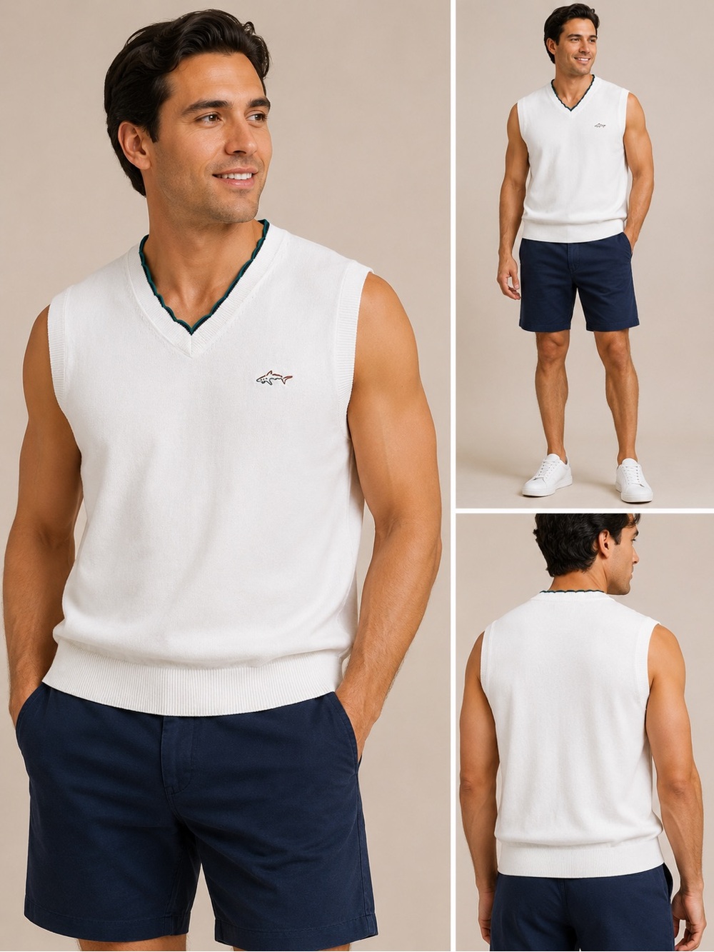 Greg Norman Collection White V-Neck Sleeveless Sweater Vest with Green Trim XL
